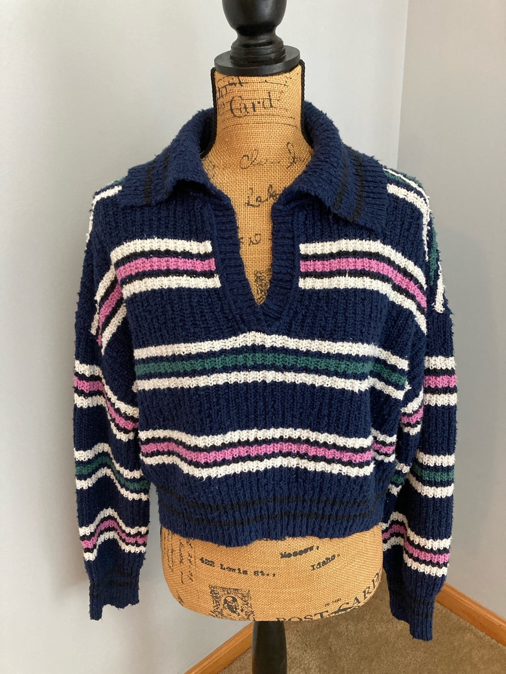 Free People Navy Striped V-Neck Collared Sweater Women Size XS